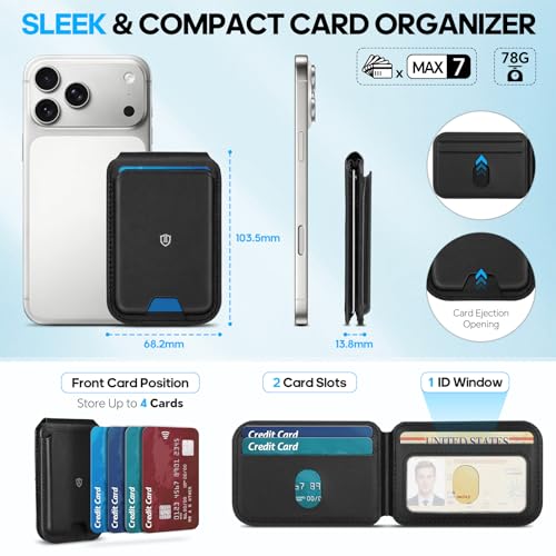 SHIELDON Genuine Leather Strong Magnetic Wallet for MagSafe, Phone Wallet Stand for Men Women, 6 Card Holders, Angle Adjustment, RFID Blocking, Compatible with iPhone 17/16/15/14/13/12 Series - Black - Image 3