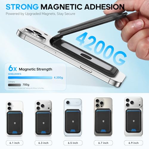 SHIELDON Genuine Leather Strong Magnetic Wallet for MagSafe, Phone Wallet Stand for Men Women, 6 Card Holders, Angle Adjustment, RFID Blocking, Compatible with iPhone 17/16/15/14/13/12 Series - Black - Image 5