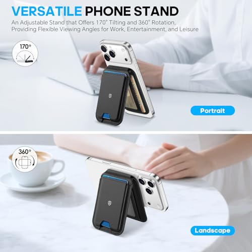 SHIELDON Genuine Leather Strong Magnetic Wallet for MagSafe, Phone Wallet Stand for Men Women, 6 Card Holders, Angle Adjustment, RFID Blocking, Compatible with iPhone 17/16/15/14/13/12 Series - Black - Image 4
