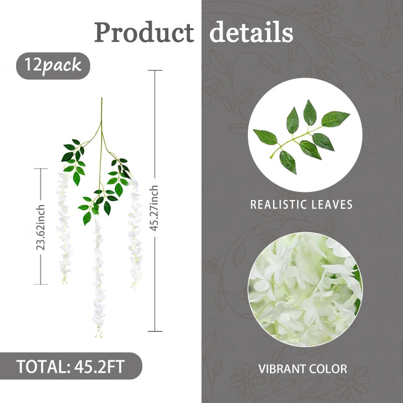 Luerbi 12 Pack White Flower Vines  White Wisteria Hanging Flowers  Fake White Wisteria  3.77 Feet White Artificial Wisteria Flowers  White Hanging Wisteria Flowers Garland  Yard White Flower Vines Decor - Image 3