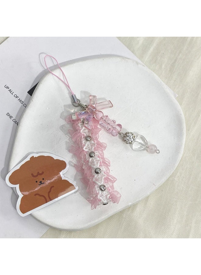 NIBEMINENT Beaded Phone Lanyard, Anti Lost Removable Wrist Strap, Lace With A Cat-ear Cuteness Bracelet Pendant, Phone Keychain Lanyard