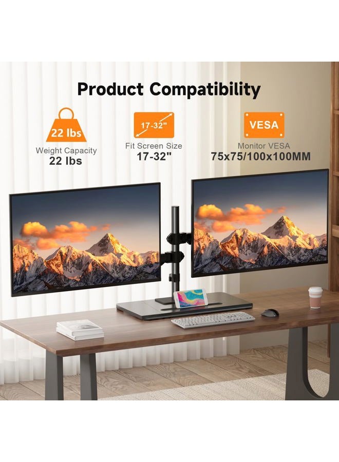 Pholiten Dual Monitor Stand with Wooden Base, Gas Spring Height Adjustable Arms, Each Holds 32 Inch Screen up to 22lbs, VESA Mount 75x75/100x100mm, Tilt/Swivel/Rotate - Ergonomic Desk Mount - Image 3