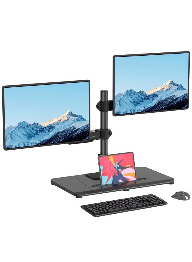 Pholiten Dual Monitor Stand with Wooden Base, Gas Spring Height Adjustable Arms, Each Holds 32 Inch Screen up to 22lbs, VESA Mount 75x75/100x100mm, Tilt/Swivel/Rotate - Ergonomic Desk Mount - Image 1