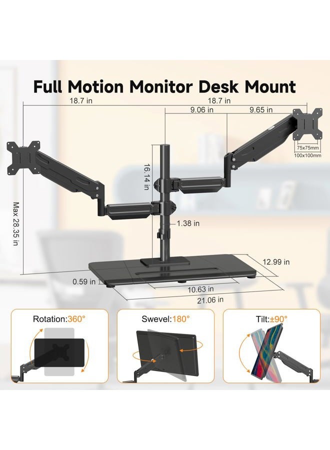 Pholiten Dual Monitor Stand with Wooden Base, Gas Spring Height Adjustable Arms, Each Holds 32 Inch Screen up to 22lbs, VESA Mount 75x75/100x100mm, Tilt/Swivel/Rotate - Ergonomic Desk Mount - Image 2