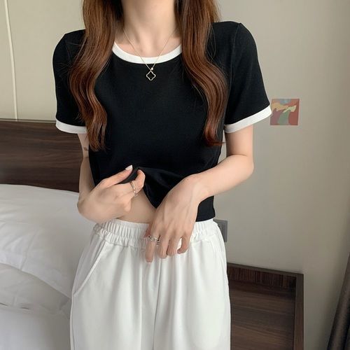2023 Contrast Color Round Neck Short Sleeve T-shirt Womens Summer Base Shirt Korean Slim Fit Short T-shirt Female Students Wholesale Foreign Trade Black 