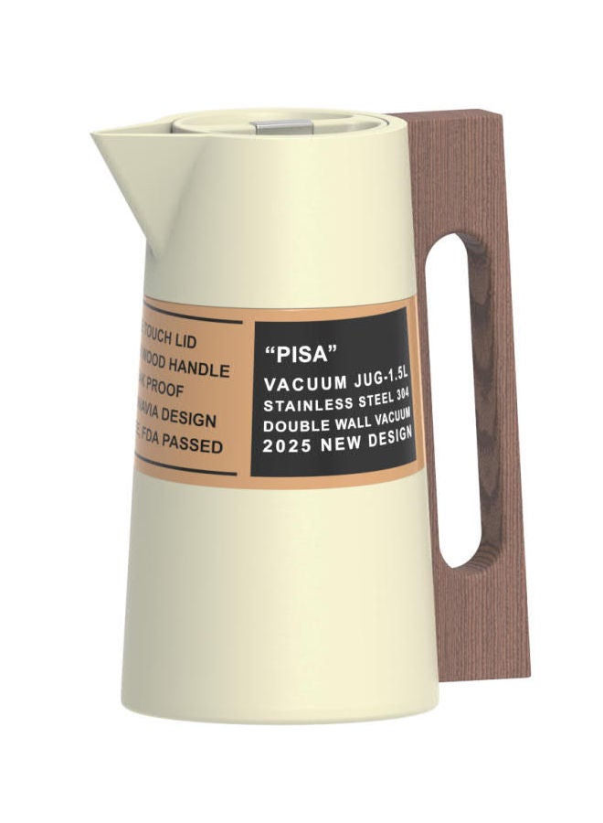 GAZELLA Stainless Steel Tea/Coffee Flask 1.5 Liter Off White/Brown, Wooden Handle, 304 Stainless Steel Inside, Double Wall Vacuum - Image 1