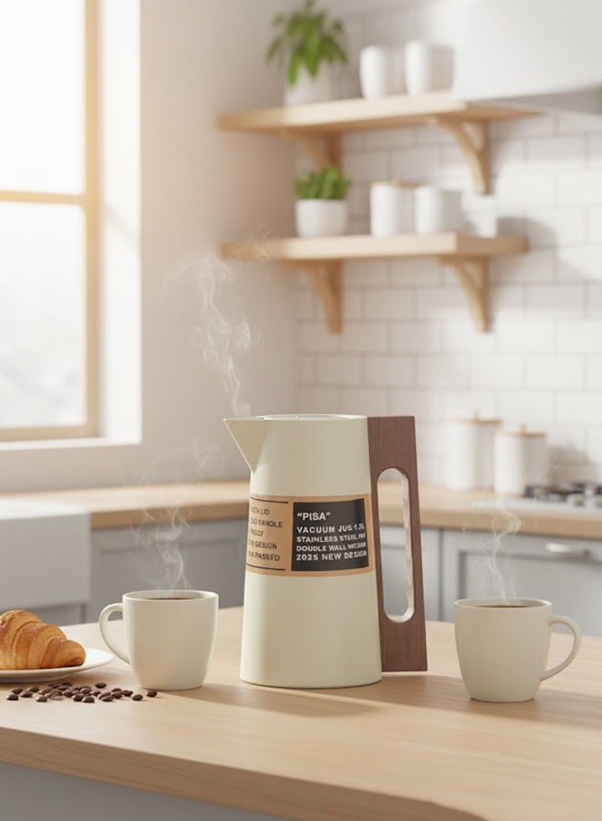 GAZELLA Stainless Steel Tea/Coffee Flask 1.5 Liter Off White/Brown, Wooden Handle, 304 Stainless Steel Inside, Double Wall Vacuum - Image 2