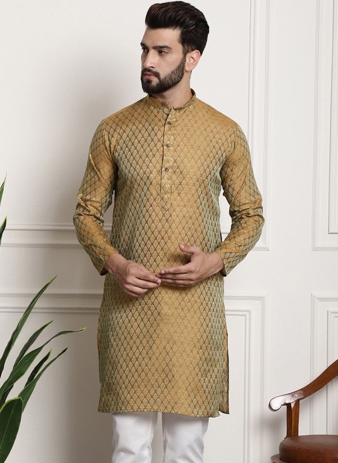 Sojanya Golden & Beige Woven Design Jacquard Kurta for Men - Image 1