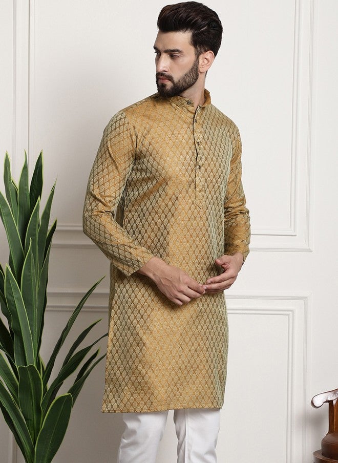 Sojanya Golden & Beige Woven Design Jacquard Kurta for Men - Image 4