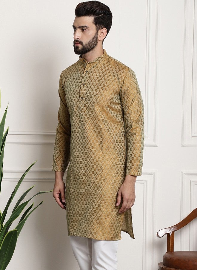 Sojanya Golden & Beige Woven Design Jacquard Kurta for Men - Image 3
