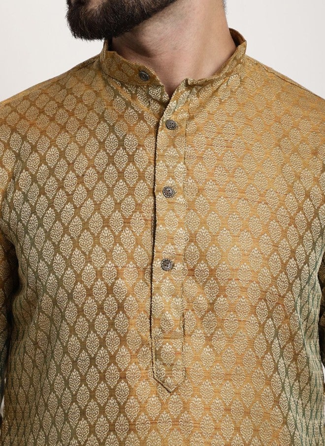 Sojanya Golden & Beige Woven Design Jacquard Kurta for Men - Image 2