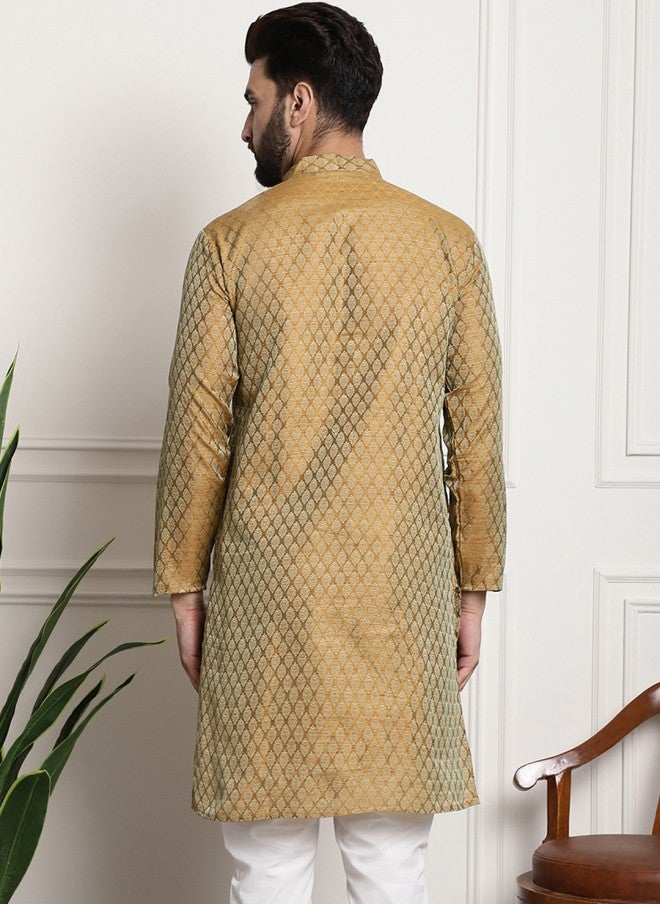 Sojanya Golden & Beige Woven Design Jacquard Kurta for Men - Image 5