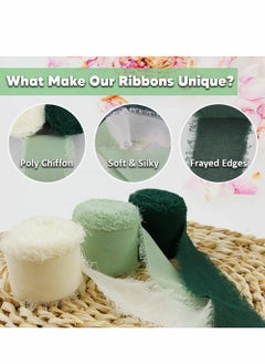 KASTWAVE Handmade Fringe Chiffon Ribbon, 3 Rolls 3.8cm x 5 Yard(4.5m) Silk-Like Ribbon Cream Green Ribbons Set for Wedding Invitations, Bridal Bouquets, Gifts Wrapping, DIY Crafts  - Image 2