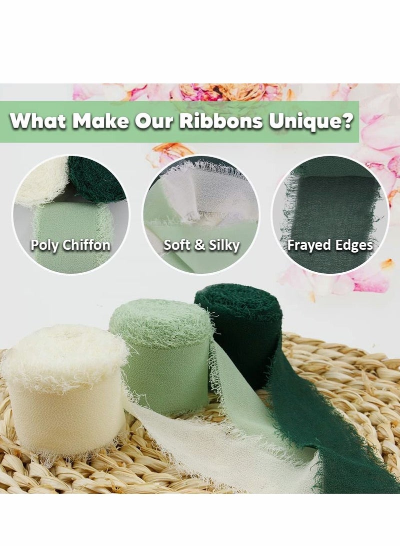 KASTWAVE Handmade Fringe Chiffon Ribbon, 3 Rolls 3.8cm x 5 Yard(4.5m) Silk-Like Ribbon Cream Green Ribbons Set for Wedding Invitations, Bridal Bouquets, Gifts Wrapping, DIY Crafts - Image 2