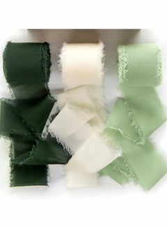 KASTWAVE Handmade Fringe Chiffon Ribbon, 3 Rolls 3.8cm x 5 Yard(4.5m) Silk-Like Ribbon Cream Green Ribbons Set for Wedding Invitations, Bridal Bouquets, Gifts Wrapping, DIY Crafts  - Image 1