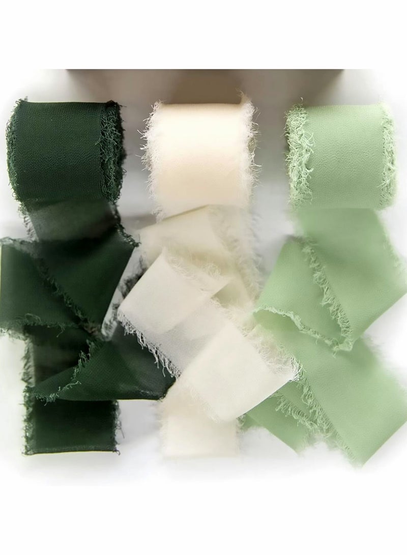 KASTWAVE Handmade Fringe Chiffon Ribbon, 3 Rolls 3.8cm x 5 Yard(4.5m) Silk-Like Ribbon Cream Green Ribbons Set for Wedding Invitations, Bridal Bouquets, Gifts Wrapping, DIY Crafts - Image 1
