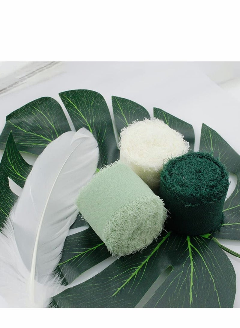 KASTWAVE Handmade Fringe Chiffon Ribbon, 3 Rolls 3.8cm x 5 Yard(4.5m) Silk-Like Ribbon Cream Green Ribbons Set for Wedding Invitations, Bridal Bouquets, Gifts Wrapping, DIY Crafts - Image 4