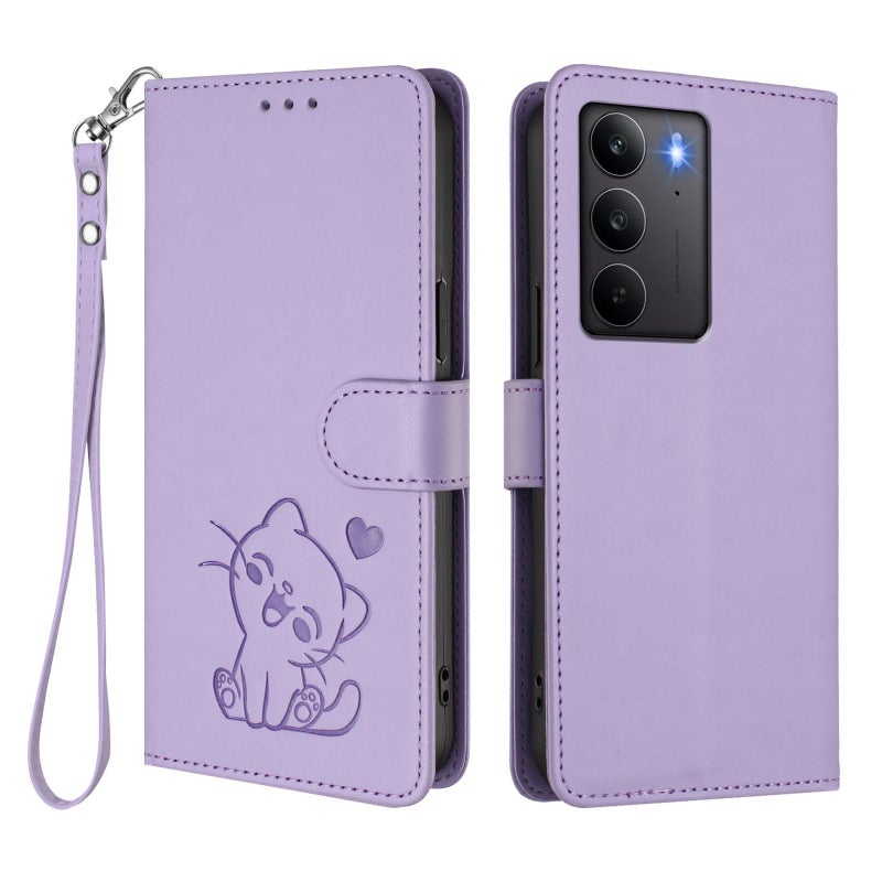 إيروريكس جراب هاتف من جلد القطة المنقوش مع حزام يد لهاتف Realme C75 4G Global / 14x 5G India (أرجواني فاتح) - Image 2