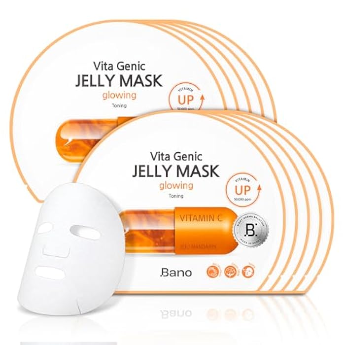 BANO Vita Genic Jelly Face Glowing Mask 10EA – Hydrating Sheet Mask for Sensitive Skin, Korean Glass Skin Care with Vitamin C, Biotin & Niacinamide, Fragrance-Free - Image 1