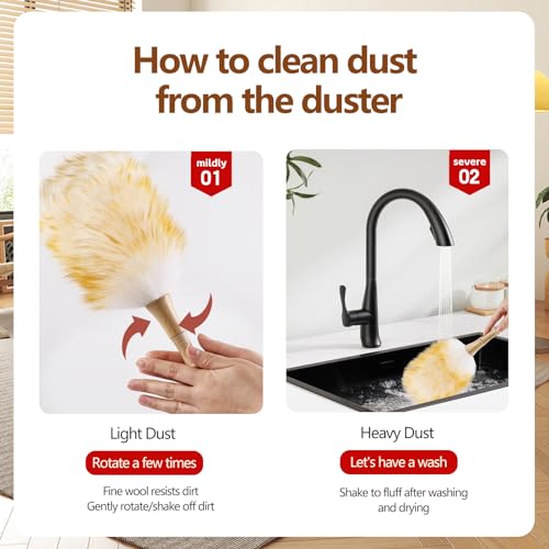 iHUFeather Lambswool Duster for Cleaning with Solid Wooden Handle Leather Hang Strap 14.9 inch Natural Feather Duster for Cleaning Ceiling Fans Window Blinds Computer Furniture(2 Pack) - Image 5