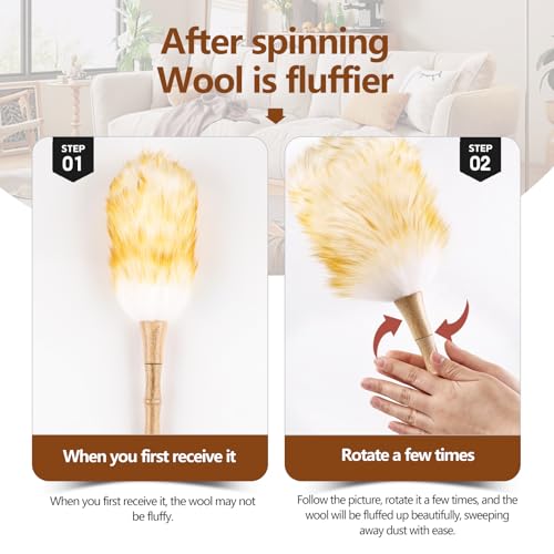 iHUFeather Lambswool Duster for Cleaning with Solid Wooden Handle Leather Hang Strap 14.9 inch Natural Feather Duster for Cleaning Ceiling Fans Window Blinds Computer Furniture(2 Pack) - Image 4