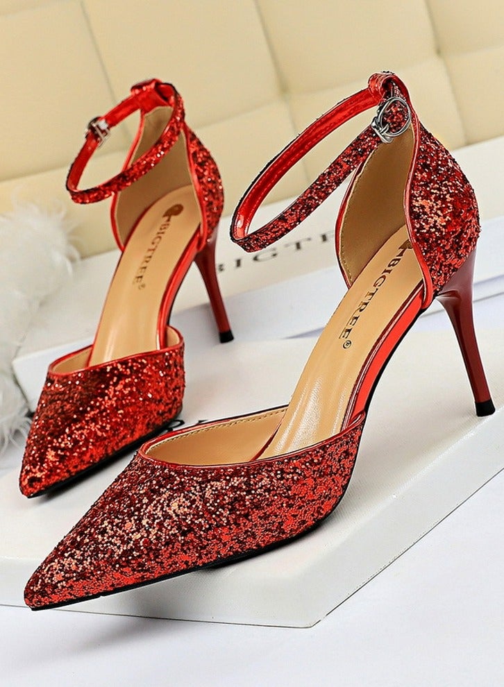BIGTREE Women's Sequin Closed Pointed Toe 7.5 CM High Heels Ankle Strap Stiletto Pumps Red