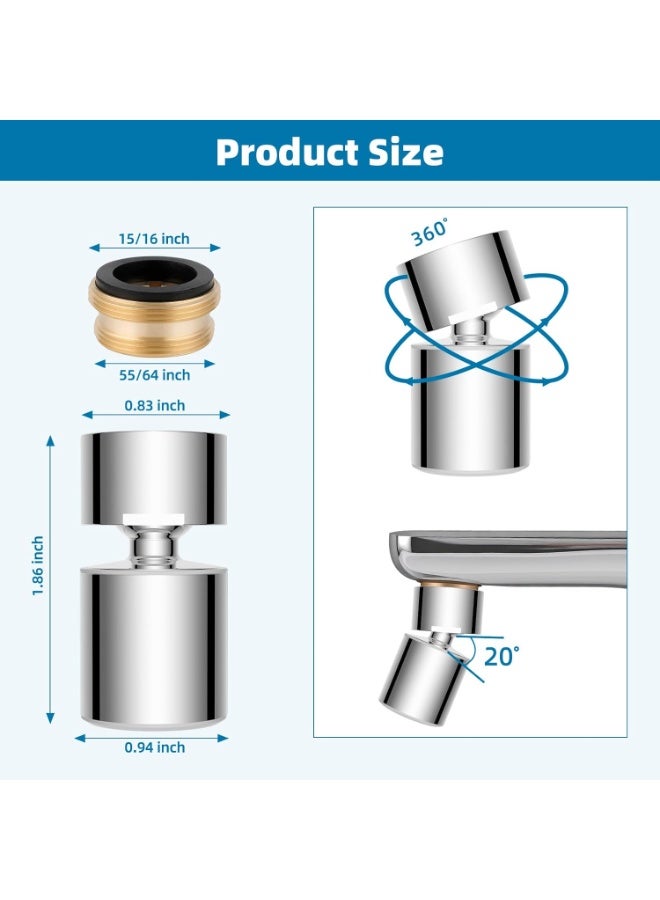 Faucet Aerator, 360° Swivel Kitchen Sink Aerator, Dual-Function 2-Flow Sprayer Faucet Head, Big Angle Sink Sprayer Attachement, Faucet Replacement Part 55/64 Inch Female Thread - Chrome - Image 4