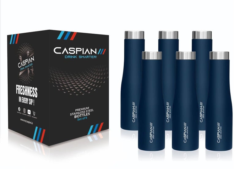 CASPIAN /// Aqua Stainless Steel Water Bottle (Blue, 1 Litre, Set of 6)| Leak Proof Thunder for Fridge Home Office Travel School Kids Boys Girls Adults Sports Gym Yoga - Image 2
