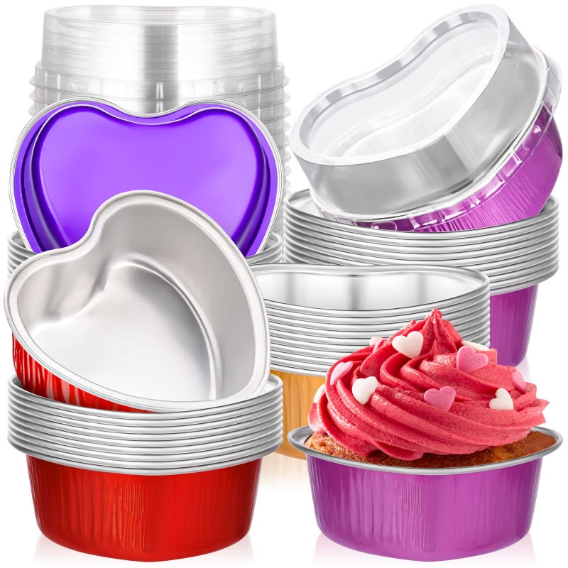 Ffniu Heart Shaped Aluminum Pans  40 Packs Aluminum Heart Cake Pans With Lids For Baking  3.4 Ounces/ 100 Ml Cupcake Cup Pan Baking Pans For Valentine'S Day Wedding Parties - Image 1