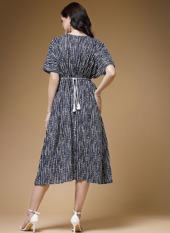 Indibelle Blue Striped Printed Belted Fit & Flare Midi Dress - Image 5