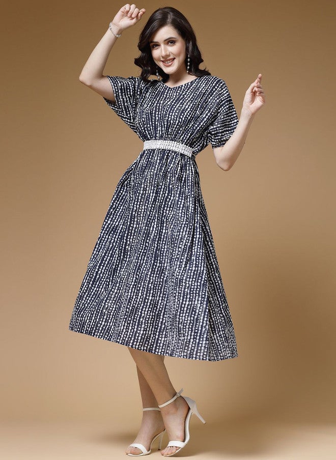 Indibelle Blue Striped Printed Belted Fit & Flare Midi Dress - Image 4
