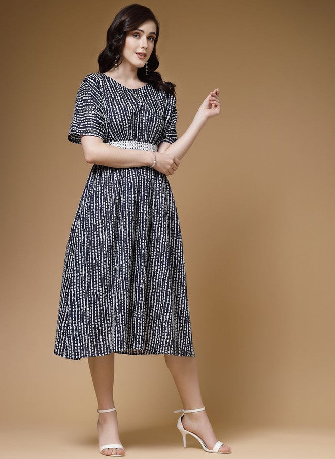 Indibelle Blue Striped Printed Belted Fit & Flare Midi Dress - Image 2