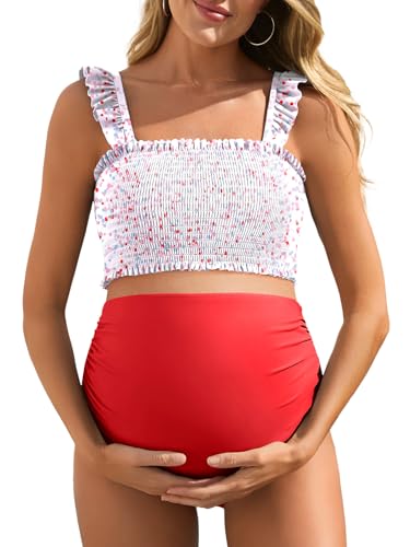 Summer Mae Maternity High Waist Bikini Swimsuit Two Piece Ruffled Hem Cute Bathing Suit Floral Pregnancy Swimwear Beatific Polka Dot Large - Image 1