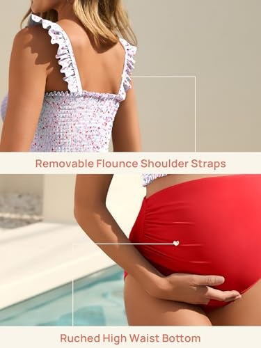 Summer Mae Maternity High Waist Bikini Swimsuit Two Piece Ruffled Hem Cute Bathing Suit Floral Pregnancy Swimwear Beatific Polka Dot Large - Image 4