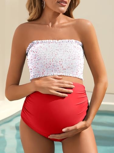 Summer Mae Maternity High Waist Bikini Swimsuit Two Piece Ruffled Hem Cute Bathing Suit Floral Pregnancy Swimwear Beatific Polka Dot Large - Image 3
