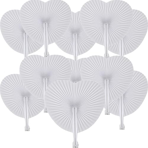 Bestage 60 Packs Decorative Paper Folding Hand Fans HandheldWhite Heart Wedding Foldable Fans Chinese and Japanese Fan Bulk for Bridal Guest Church Party Favors Dancing Birthday DIY