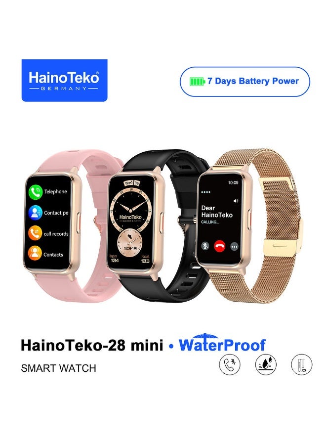 Haino Teko HainoTeko-28 Mini Waterproof Smart Watch with AMOLED Display Bluetooth Calling 7-Day Battery Life 3 Pair Straps and Charging Cable Designed for Ladies Gold