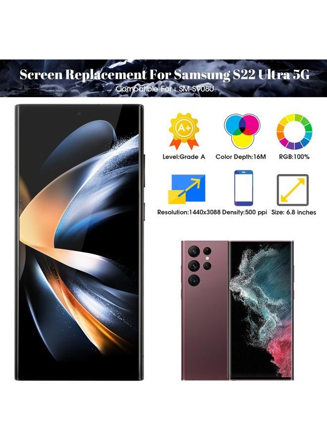 SRJTEK OLED For S22 Ultra 5G Screen Replacement for Samsung Galaxy S22 Ultra 5G LCD for Samsung S22 Ultra 5G Display SM-S908 SM-S908B Digitizer Touch Screen Assembly Repair Kits with Frame (With Fingerprint) - Image 2