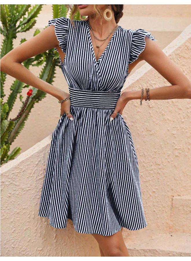 New European And American Women's Summer Dress Striped Printed Butterfly Sleeve Dress 