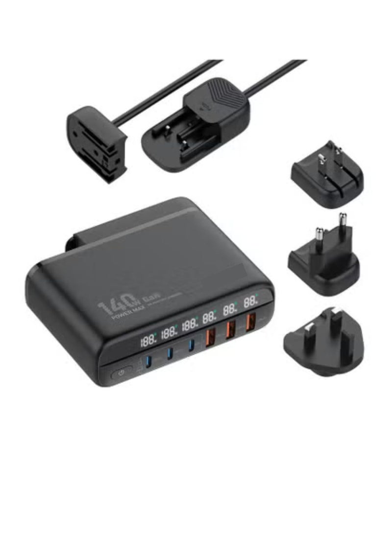 Terabyte 140W 6 Port GaN Desktop and Wall Charger UK/EU/US Plugs, 3 USB-C PD3.0, 3 USB - Image 1