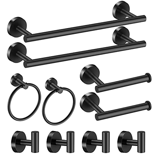 Hinmood Bathroom Hardware Set Black 10 Pieces, Towel Bar Set Matte Black Stainless Steel Towel Rack Set Includes 2PCS 16'' Towel bar, 4PCS Towel Hooks, 2PCS Toilet Paper Holder and 2PCS Towel Ring - Image 1
