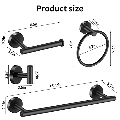 Hinmood Bathroom Hardware Set Black 10 Pieces, Towel Bar Set Matte Black Stainless Steel Towel Rack Set Includes 2PCS 16'' Towel bar, 4PCS Towel Hooks, 2PCS Toilet Paper Holder and 2PCS Towel Ring - Image 4