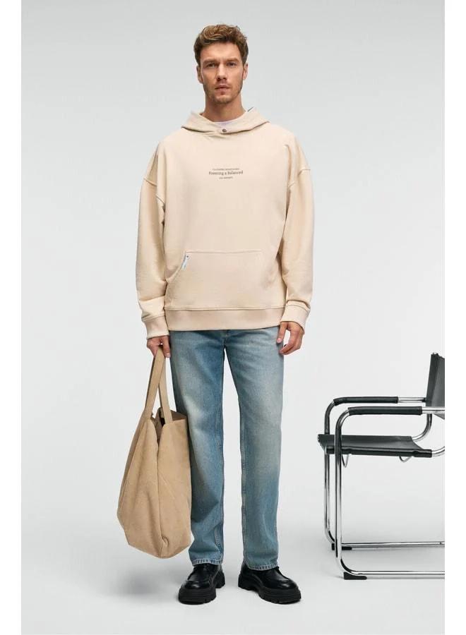 GRIMELANGE CLAY Men's 100% Cotton Hooded Snap-Button Printed Pocket Decorative Tag Cream Sweatshirt.