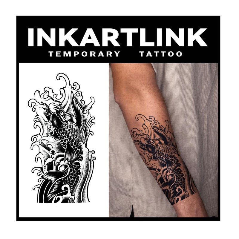 INKARTLINK Tattoo Tech2 Sheets ExtraLarge Semi Permanent TattooAdult Art Design Temporary Tattoos Lasts 12 Weeks Waterproof Realistic look No Adhesive No reflection Koi Fish Design