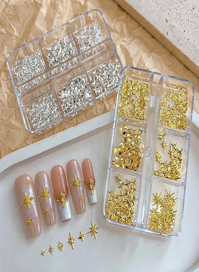 HYWWPFLAY 2 Boxes Star Nail Charms, Silver and Gold Nail Art Charms Bulk for DIY 3D Nail Art Decoration & Charms for Nails Design with Pickup Pen & Tweezers - Image 1