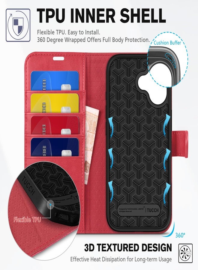 TUCCH Wallet Case for iPhone 17 (6.3-Inch) 2025, RFID Blocking 4 Card Slots | Kickstand | Magnetic Closure | PU Leather | Shockproof TPU Shell | Protective Flip Folio Cover | Red - Image 5