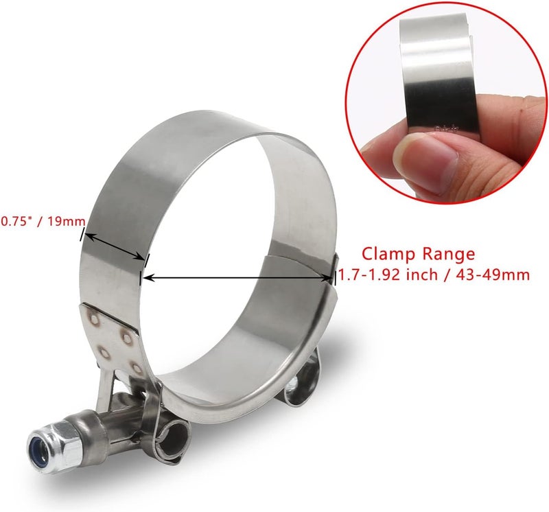 Jersvimc 2Pcs 1 1/2 Inch T-Bolt Hose Clamps for Range 43-49mm, Stainless Steel T Clamp Adjustable Turbo Clamps Intercooler Hose Clamp for 1.5" ID - Image 4