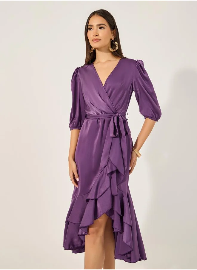 ستايلي Plain Ruffle Half Sleeves Wrap Midi Dress