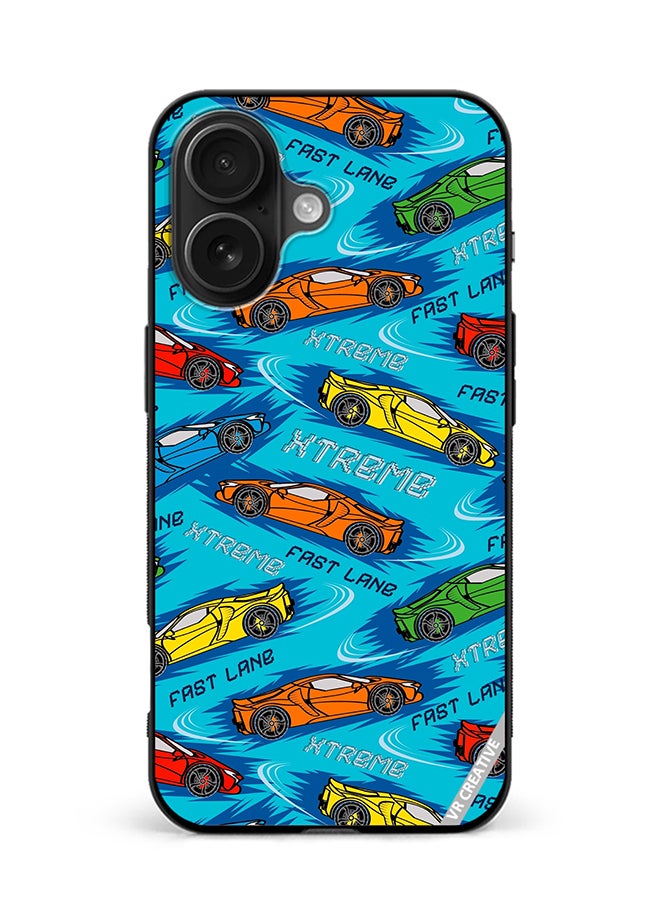 Protective Case Cover For Apple iPhone 16 Abstract Seamless Pattern With Sport Cars Design Multicolour