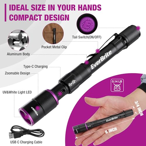 EverBrite Rechargeable Pen Flashlight with UV Light and White Light, 395nm Black Flashlight with Clip, Zoomable 4 Modes with Memory Function, USB C Cable, for Camping, Emergency, Pet Urine Detection - Image 3